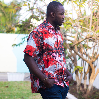 Men's cotton shirt, 'Orange Splash' - Men's Printed Cotton Short Sleeve Shirt from Ghana