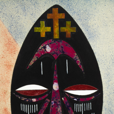 Mixed-Media-Collage-Gemälde, „Nyankonton“ – gerahmte Öl-auf-Baumwoll-Collage mit afrikanischer Maske