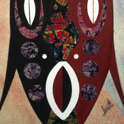 Mixed-Media-Collage-Gemälde, „Aseda“ – gerahmte Öl-auf-Baumwolle-Collage mit afrikanischer Maske