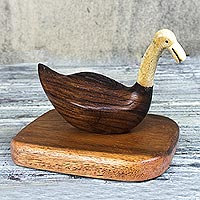 Mahogany wood sculpture, 'Decoy Duck' - Hand Carved Mahogany Wood and Bone Sculpture