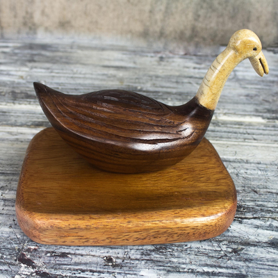 Mahogany wood sculpture, 'Decoy Duck' - Hand Carved Mahogany Wood and Bone Sculpture