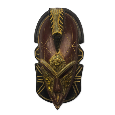 Afrikanische Holzmaske - Handgefertigte afrikanische Maske aus Sese-Holz und Messingplatte