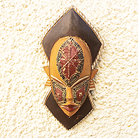 African wood mask, 'Benevolent King' - Hand Carved African Sese Wood Mask