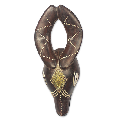 African wood mask, 'Curved Horn' - Hand Carved African Sese Wood Mask