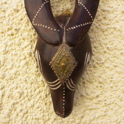 African wood mask, 'Curved Horn' - Hand Carved African Sese Wood Mask