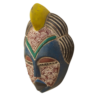 Máscara de madera africana, 'Cara mágica' - Máscara de madera africana chapada en aluminio