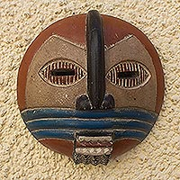 African wood mask, 'Blue Lines' - Hand Carved African Sese Wood Mask