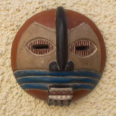 Hand Carved African Sese Wood Mask - Blue Lines