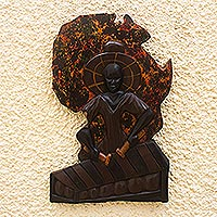 Wood wall relief panel, 'Marimba Player' - West African Sese Wood Relief Wall Panel