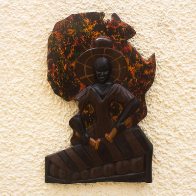 Wood wall relief panel, 'Marimba Player' - West African Sese Wood Relief Wall Panel