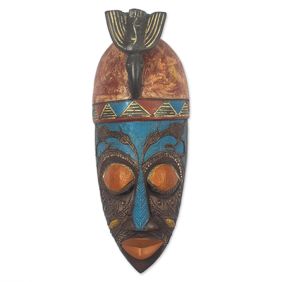 African wood mask, 'Ogede' - African Wood Mask with Aluminum Plate Accents