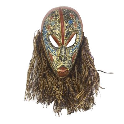 African Sese Wood Mask with Aluminum and Jute Detail
