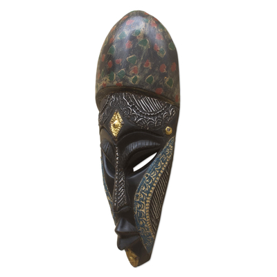 African wood mask, 'Nyonko Pa' - African Wood Mask with Aluminum Plate Accents