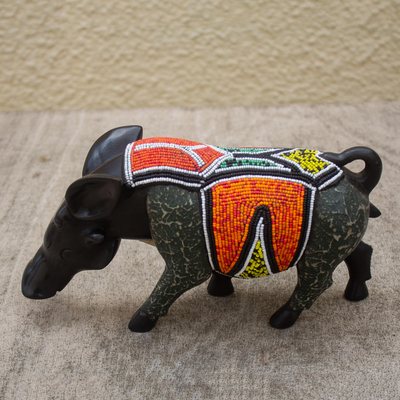 Ebony wood sculpture, 'Warthog' - Hand Crafted Ebony Wood and Glass Bead Sculpture