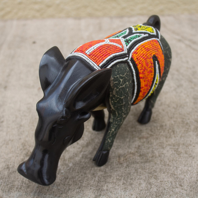 Ebony wood sculpture, 'Warthog' - Hand Crafted Ebony Wood and Glass Bead Sculpture