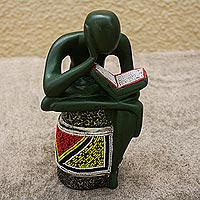 Wood statuette, 'Beaded Reader' - Hand Carved Sese Wood and Glass Bead Statuette