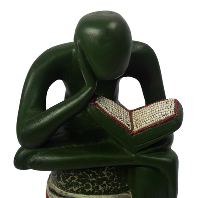 Wood statuette, 'Beaded Reader' - Hand Carved Sese Wood and Glass Bead Statuette
