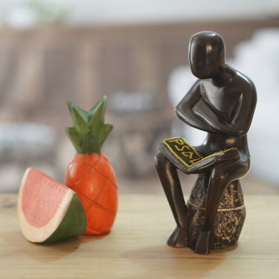 Holzskulptur - Handgefertigte Skulptur aus Sese-Holz und Glasperlen