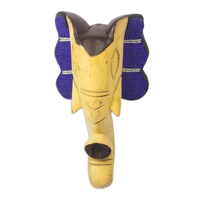 African wood mask, 'Funky Elephant' - Handmade Sese Wood and Glass Bead Elephant Mask