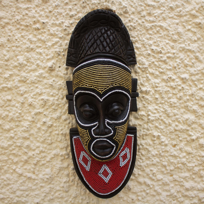 African wood mask, 'Festac' - Sese Wood and Recycled Glass Bead Wall Mask
