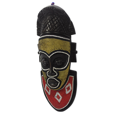 Afrikanische Holzmaske, „Festac“ – Wandmaske aus Sese-Holz und recycelten Glasperlen