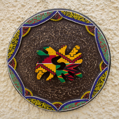 Wood wall plaque, 'Binkabi' - Hand Made Sese Wood and Glass Bead Wall Plaque