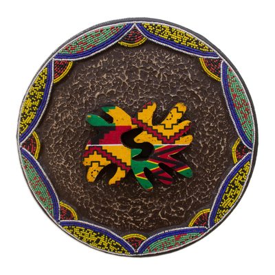 Wood wall plaque, 'Binkabi' - Hand Made Sese Wood and Glass Bead Wall Plaque