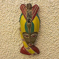 African wood mask, 'Lovely Woman' - Colorful Hand Made African Sese Wood Mask
