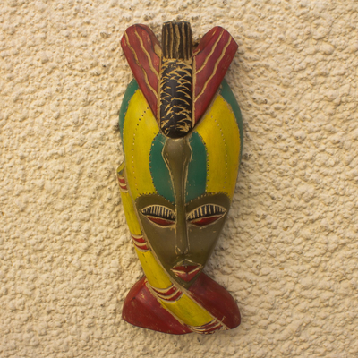 African wood mask, 'Lovely Woman' - Colorful Hand Made African Sese Wood Mask