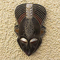 African wood mask, 'My Dear' - Handmade Sese Wood and Aluminum Plated Mask