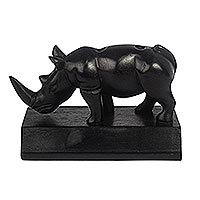 Ebony wood pen holder, 'Rhino Friend' - Hand Crafted Ebony Wood Rhino Pen Holder