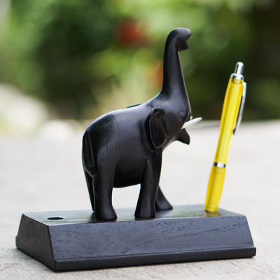 Teak wood pen holder, Elephant Scribe