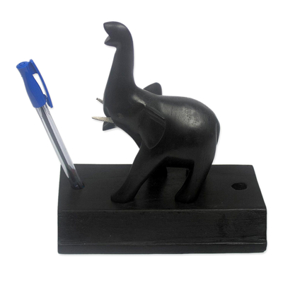Teak wood pen holder, 'Elephant Scribe' - Hand Made Teak Wood Elephant Pen Holder