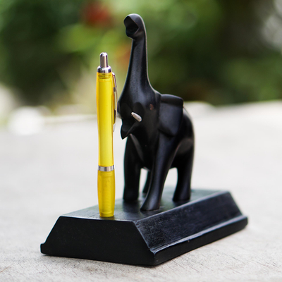 Teak wood pen holder, 'Elephant Scribe' - Hand Made Teak Wood Elephant Pen Holder