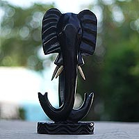 Ebony wood sculpture, 'Twin Elephant II' - Hand Crafted Ebony Wood Elephant Sculpture