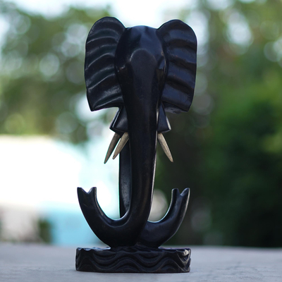 Ebony wood sculpture, 'Twin Elephant II' - Hand Crafted Ebony Wood Elephant Sculpture
