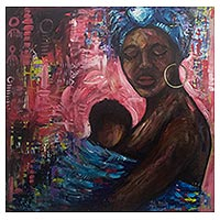 'Madre e hijo' - Pintura acrílica sobre lienzo original de África Occidental