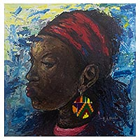 'Woman with Kente Earrings' - Original West African Mixed Media Painting