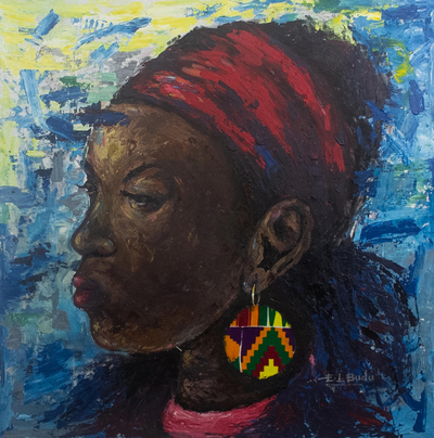 'Woman with Kente Earrings' - Original West African Mixed Media Painting