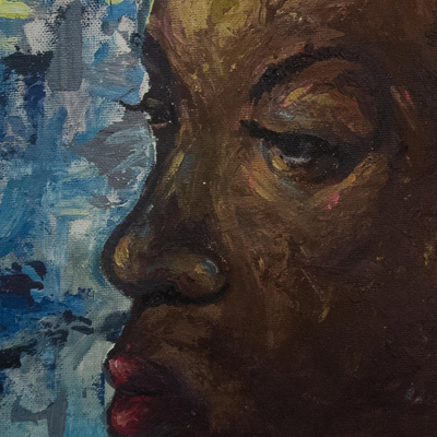 'Mujer con pendientes Kente' - Pintura original de técnica mixta de África Occidental