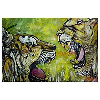'Championship II' - Signed Lion and Tiger Painting from West Africa