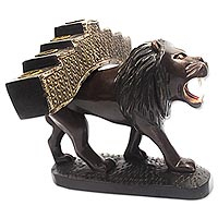 Wood candleholder, 'Lion's Light' - Hand Crafted Lion Candleholder from West Africa