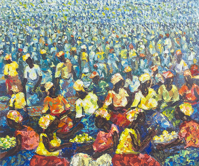 'Marketeers III' - Signed Acrylic Market Scene Painting from West Africa