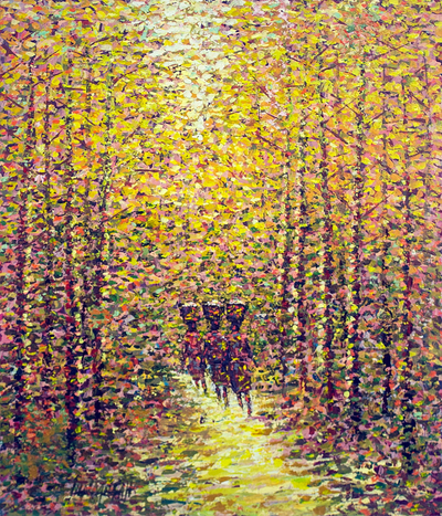 'Walking Home III' - Signed Acrylic Landscape Painting from West Africa