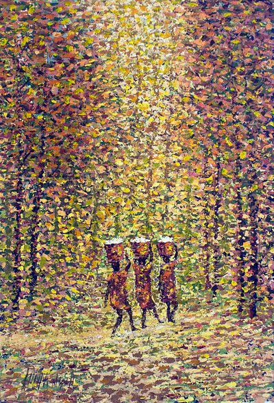 'Walking Home II' - Pintura de paisaje acrílico sobre lienzo de África Occidental