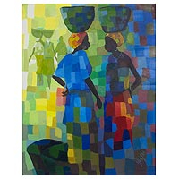 'Gossip II' - Signed Acrylic Figure Painting from West Africa