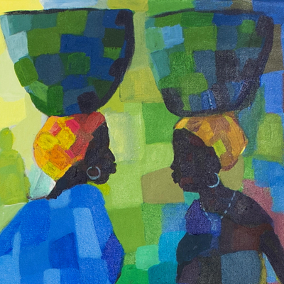 'Klatsch II' - Signierte Acryl-Figurenmalerei aus Westafrika