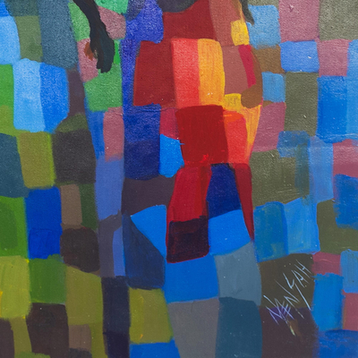 'Gossip II' - Signed Acrylic Figure Painting from West Africa