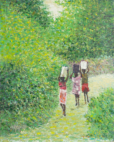 'Agua para el hogar' - Pintura de paisaje firmada de acrílico sobre lienzo de África Occidental