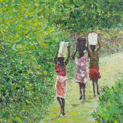 'Water for the Home' - Signed Acrylic on Canvas Landscape Painting from West Africa